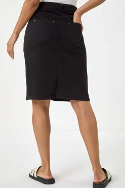 Roman Black Cotton Denim Stretch A line Skirt