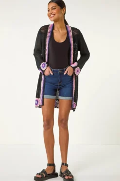 Roman Black Crochet Hem Lightweight Knit Cardigan
