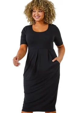 Roman Black Curve Cocoon Pocket Detail Midi Dress