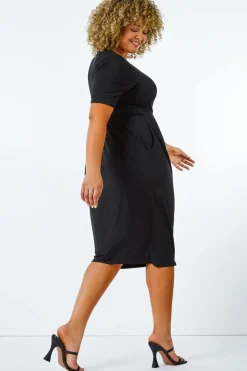 Roman Black Curve Cocoon Pocket Detail Midi Dress