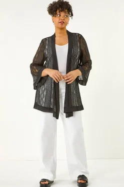 Roman Black Curve Crochet Knit Cardigan