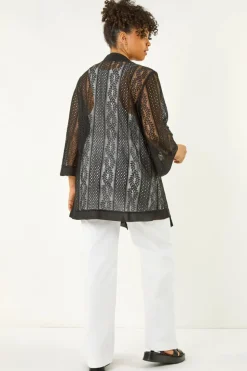 Roman Black Curve Crochet Knit Cardigan