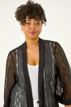 Roman Black Curve Crochet Knit Cardigan