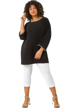 Roman Black Curve Diamante Trim Stretch Top