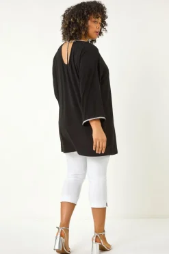 Roman Black Curve Diamante Trim Stretch Top