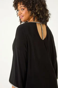 Roman Black Curve Diamante Trim Stretch Top