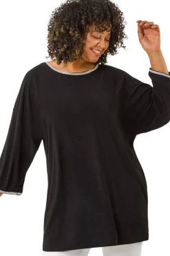 Roman Black Curve Diamante Trim Stretch Top
