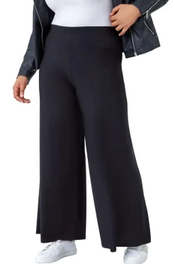 Roman Black Curve Elastic Waist  Wide Leg Trousers