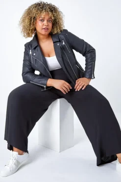 Roman Black Curve Elastic Waist  Wide Leg Trousers