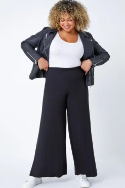 Roman Black Curve Elastic Waist  Wide Leg Trousers