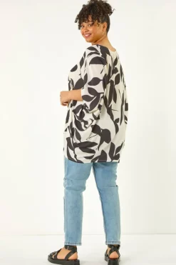 Roman Black Curve Large Floral Print Cocoon Top