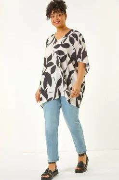 Roman Black Curve Large Floral Print Cocoon Top