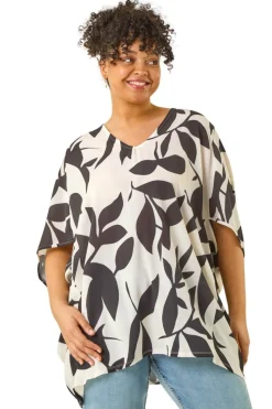 Roman Black Curve Large Floral Print Cocoon Top