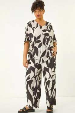 Roman Black Curve Large Floral Print Cocoon Top