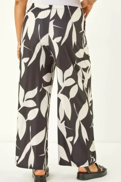 Roman Black Curve Leaf Print Stretch Trousers