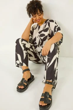 Roman Black Curve Leaf Print Stretch Trousers