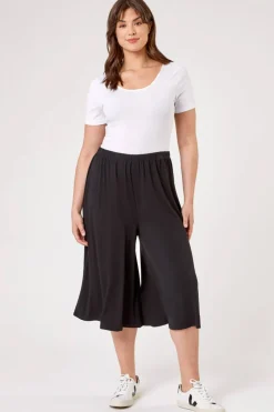 Roman Black Curve Plain Elastic Waist Culotte Trousers