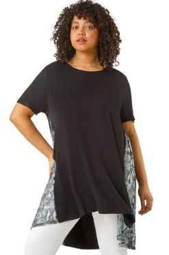 Roman Black Curve Print Mesh Trim T Shirt
