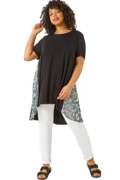 Roman Black Curve Print Mesh Trim T Shirt