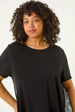 Roman Black Curve Print Mesh Trim T Shirt