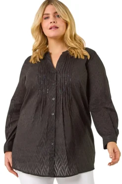 Roman Black Curve Shimmer Jacquard Blouse