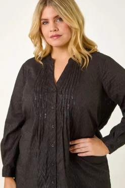 Roman Black Curve Shimmer Jacquard Blouse