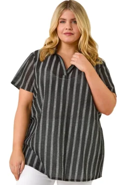 Roman Black Curve Stripe Collared Knit Top