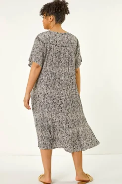 Roman Black Curve Tassel Trim Printed Dress