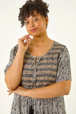 Roman Black Curve Tassel Trim Printed Dress