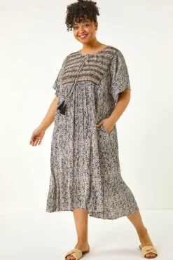 Roman Black Curve Tassel Trim Printed Dress