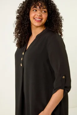 Roman Black Curve Textured Buttoned Tunic Top