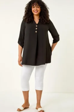 Roman Black Curve Textured Buttoned Tunic Top
