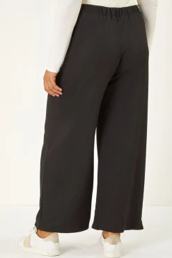 Roman Black Curve Textured Elastic Waist Wide Leg Trouser