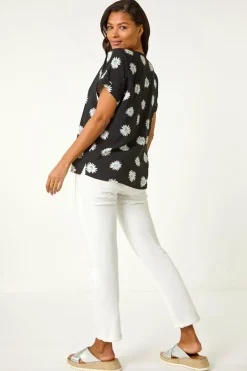 Roman Black Daisy Print Pleat Front Top