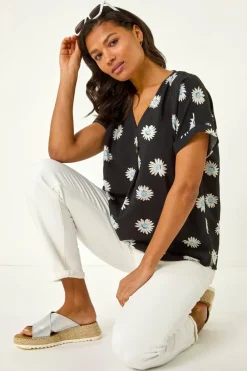 Roman Black Daisy Print Pleat Front Top