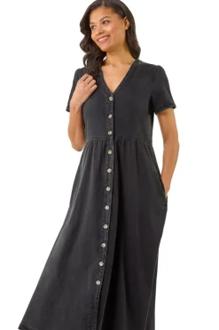 Roman Black Denim Button Through Midi Dress