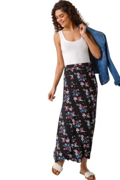 Roman Black Diagonal Ditsy Floral Print Skirt