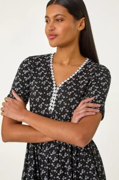Roman Black Ditsy Floral Print Trim Dress