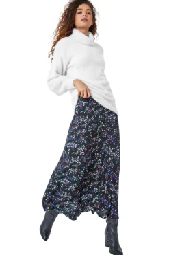 Roman Black Ditsy Floral Stretch Elastic Waist Midi Skirt