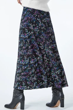 Roman Black Ditsy Floral Stretch Elastic Waist Midi Skirt
