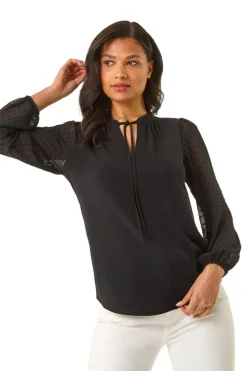 Roman Black Dobby Spot Tie Neck Mesh Top