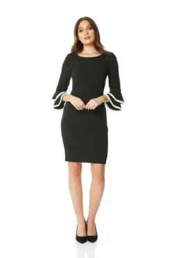 Roman Black Double Fluted 3/4 Length Sleeve Shift Dress
