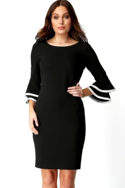 Roman Black Double Fluted 3/4 Length Sleeve Shift Dress