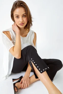 Roman Black Elastic Waist Stud Detail Cropped Trouser