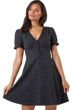 Roman Black Embroidered Cotton Stretch Jersey Frill Dress