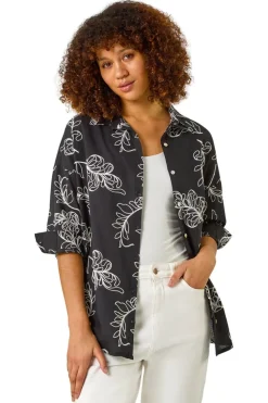 Roman Black Embroidered Floral Cotton Shirt