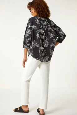 Roman Black Embroidered Floral Cotton Shirt