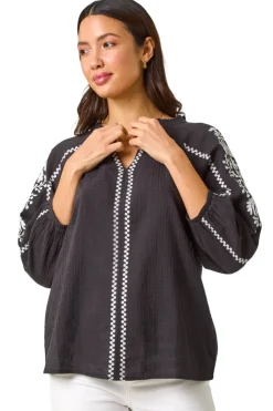 Roman Black Embroidered Sleeve V-Neck Top