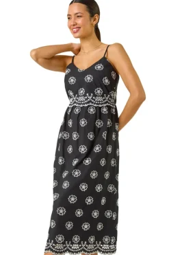 Roman Black Embroidered Strap Midi Sun Dress