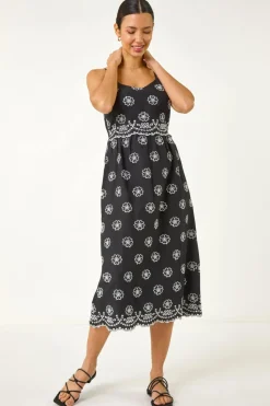 Roman Black Embroidered Strap Midi Sun Dress